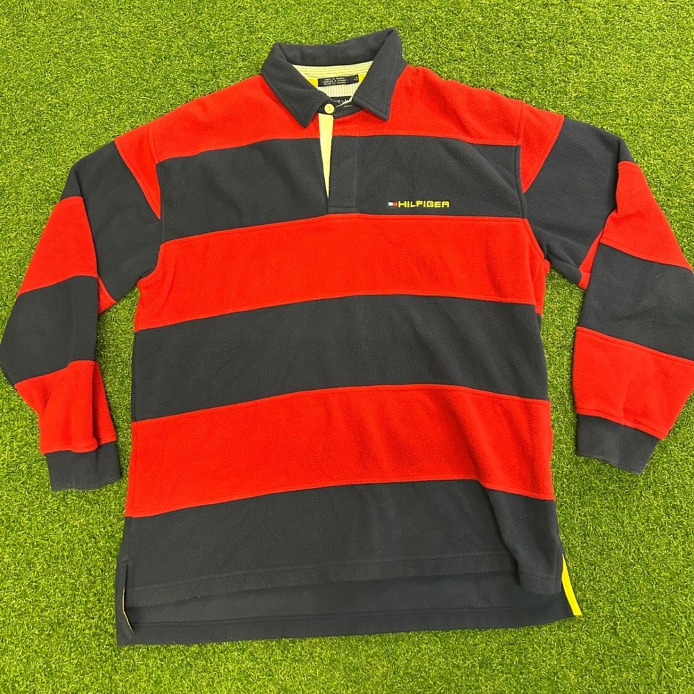 Vintage Tommy Hilfiger Red Navy Striped Fleece Rugby Polo Shirt Mens Large
